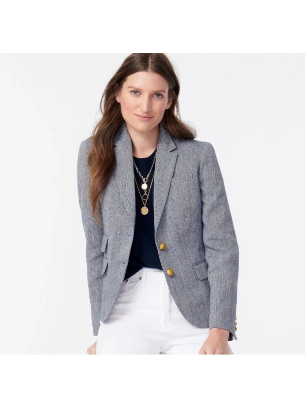J. Crew Linen Navy Herringbone Dalton Schoolboy Blazer 2